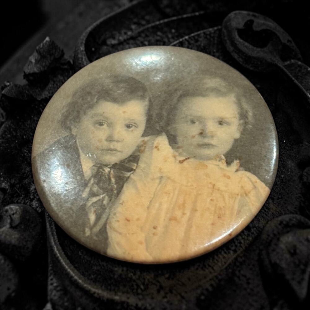 Antique Children Photo Brooch Haunting Victorian Portrait Large Celluloid Pin